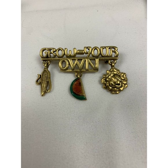 Danecraft Jewelry - Vintage 1 3/4” Signed Danecraft "Grow Your Own” Brooch With Three Charms Hanging